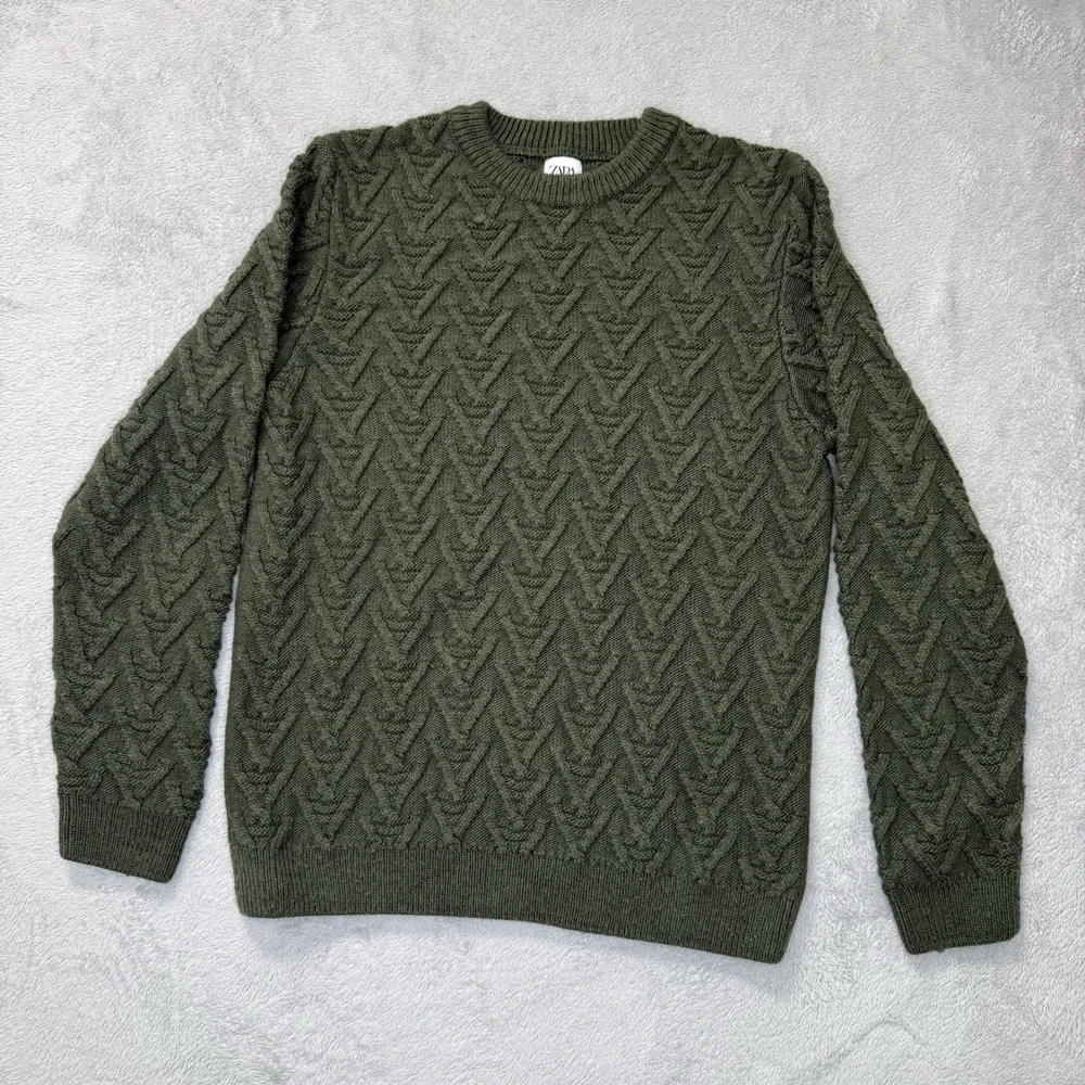 Zara Womens M Olive Green Cable Knit Crewneck Sweater Textured Made Turkey
